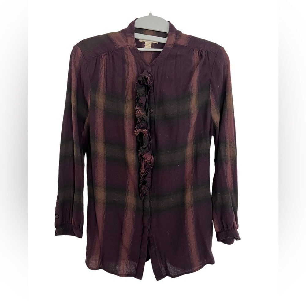 BURBERRY BRIT - Purple Plum Plaid Button Down Shirt, Ruffle - Small, Like New